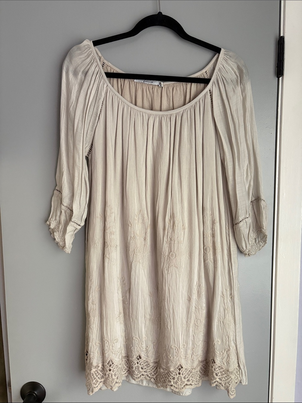 Nicole Cream Peasant mini dress with Embroidered Hem